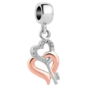Women Double Love Heart Key Charm Compatible with Pandora