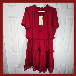 NWT Dark Red Ruffle Summer Dress – Size Large, Tie-Up Neck