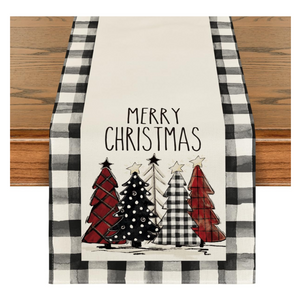 Watercolor Buffalo Plaid Christmas Trees Merry Xmas Table Runner - Assorted Sizes Available