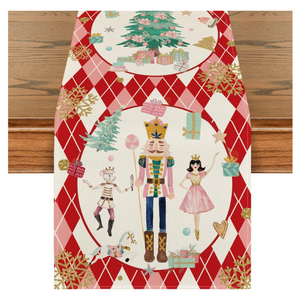 Diamond Plaid Nutcracker Snowflake Christmas Table Runner - 13"x72"