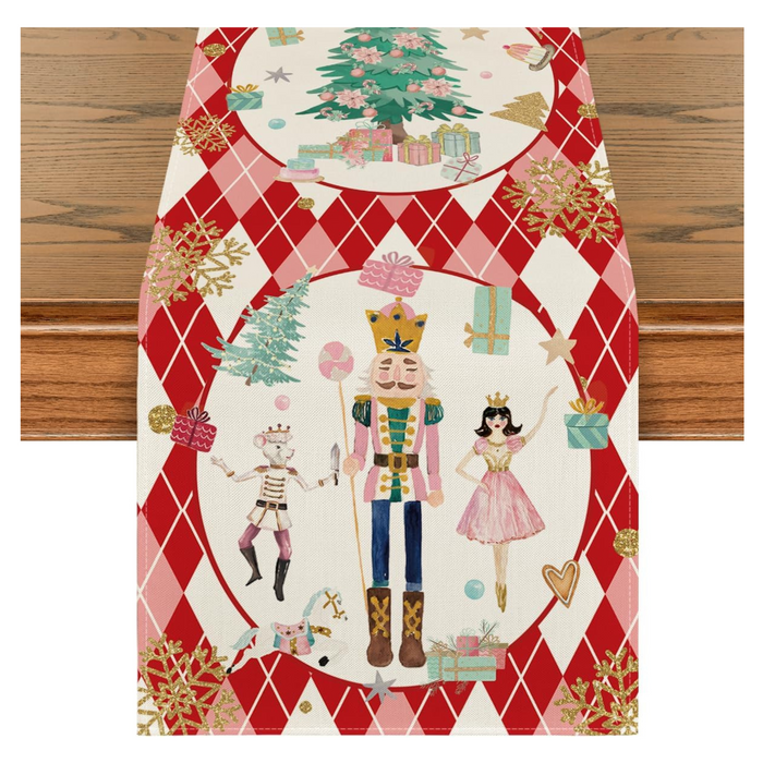 Diamond Plaid Nutcracker Snowflake Christmas Table Runner - 13"x72"