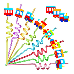 24 Pack Train Theme Shaped Straws - Reusable Plastic Straws with Cartoon Decoration