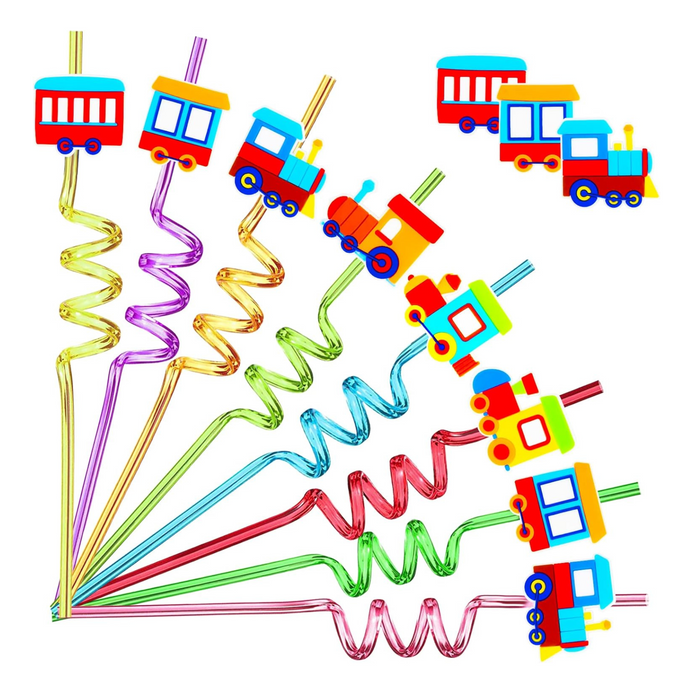 24 Pack Train Theme Shaped Straws - Reusable Plastic Straws with Cartoon Decoration