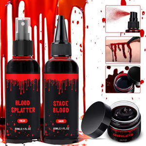 Halloween Fake Blood Makeup Kit 3PCS, Blood Spray 2.1oz, Dripping Blood 2.1oz