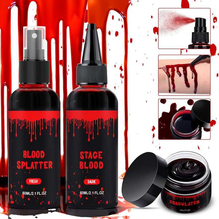 Halloween Fake Blood Makeup Kit 3PCS, Blood Spray 2.1oz, Dripping Blood 2.1oz