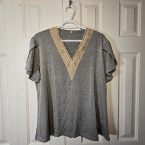 New Gold Lace V-Neck Tile Short-Sleeved Solid Color T-Shirt Top - XXL