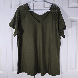New Navy Green Casual Top with Lace Sleeves - Size XX-Large