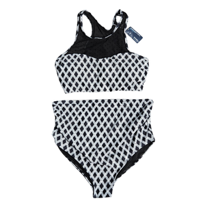 NWT | Summer Mae Women's High-Waisted Bikini Set | Artistic Diamond Harlequin Silhouette | Black & White | 14