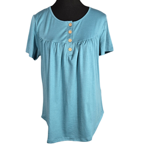 NWT | Blue Henley Short Sleeve Button Front Flowy Pleated Blouse Top | Medium