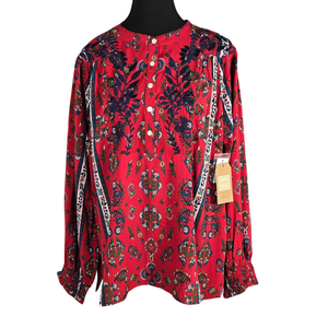 NWT Tru Luxe Jeans Red Boho Floral Long Sleeve Blouse | Smocked Cuffs | Large