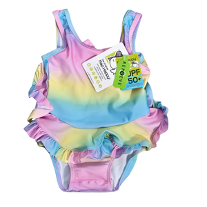 NWT Flap Happy Baby Girl Rainbow Ombre UPF 50+ Ruffle One Piece Swimsuit | 6M