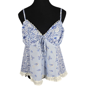 NWT | Blue Floral Patchwork Tie Front Tank Top with Lace Trim | Large
