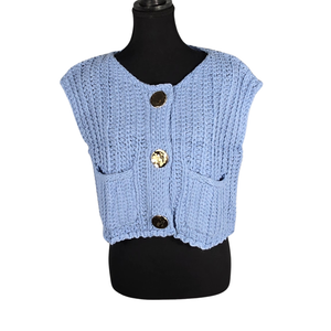 NWOT | Light Blue Chunky Knit Cropped Vest with Oversized Gold Buttons | Small