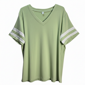 NWOT Sage Green Short Sleeve V-Neck Top with White Varsity Stripes | 2X