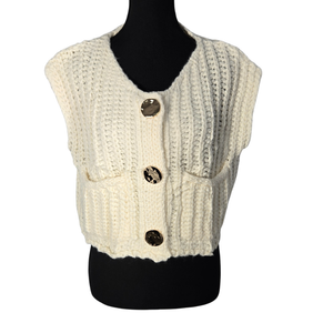 NWOT | Off White Chunky Knit Cropped Vest with Oversized Gold Buttons | Small