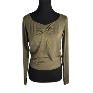 NWT Olive Green Ruched V-Neck Long Sleeve Performance Top | Medium