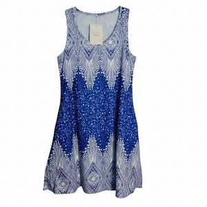 NWT ETCYYNEW Blue and White Geometric Print Sleeveless A-Line Dress with Pockets | Small