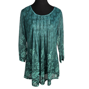 NWOT Green Semi-Sheer Mesh Floral Print Layered Blouse with Pleated Front | XL