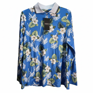 NWT | GGOV Blue & White Floral Tropical Long Sleeve Performance Polo Shirt | Large
