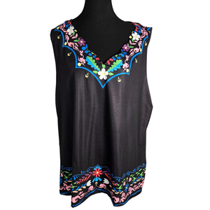 NWT | Black Boho Floral Embroidered V-Neck Sleeveless Tank Top | 2XL