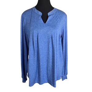 NWT Gleeneat Blue Heathered Pleated Front V-Neck Long Sleeve Top | Medium