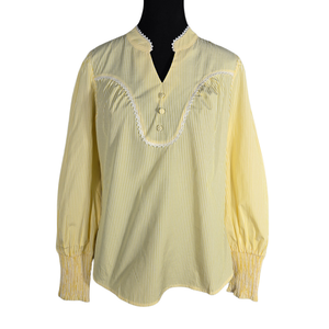 NWT | Yellow & White Striped V-Neck Lace Trim Long Sleeve Blouse | Small
