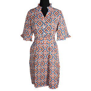 NWT | OURIN Blue and Orange Floral Medallion Button-Front Flutter Sleeve Dress | Small