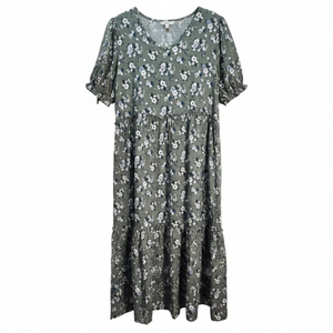 NWOT Sage Green & White Floral V-Neck Tiered Maxi Dress with Puff Sleeves | XL