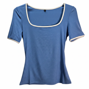 NWOT | Blue & White Contrast Trim Ribbed Scoop Neck Short Sleeve Top | Small