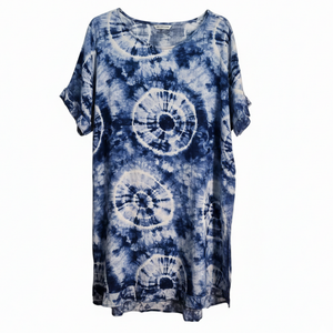NWOT Blue & White Tie Dye Shibori Print Short Sleeve Tunic Dress | 2XL