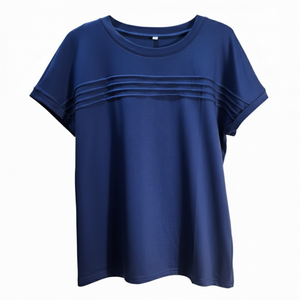 NWOT | Blue Horizontal Pleated Front Short Sleeve Scoop Neck Lightweight Top | Medium