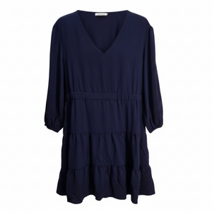 NWOT | Navy Blue Tiered V-Neck 3/4 Billow Sleeve Relaxed Fit Midi Dress | Large