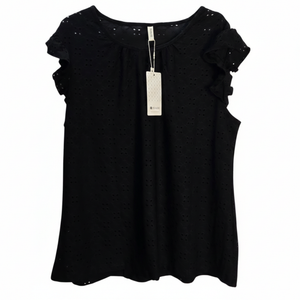 NWT Evaless Black Eyelet Embroidery Ruffle Cap Sleeve Scoop Neck Blouse | 2XL