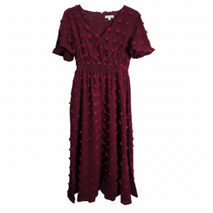 NWOT | Burgundy Red Swiss Dot V-Neck Flutter Sleeve Smocked Midi Dress | Small