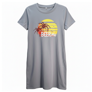 NWOT Gray "Beer Me" Tropical Sunset Palm Tree Graphic T-Shirt Dress | Small