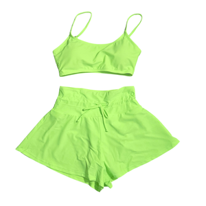 NWOT | Neon Green 2-Piece Bathing Suit | Crop Top & Flounced Swim Shorts | Small
