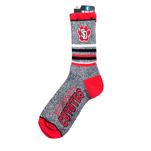 NWT | South Dakota Coyotes NCAA Crew Socks | Marbled Gray & Red | For Bare Feet | Size Large