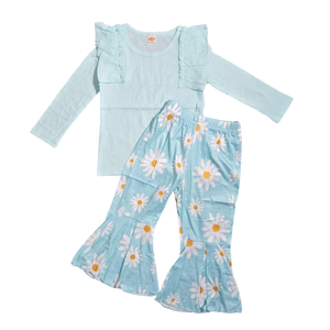 NWOT | 2-Piece Light Blue Daisy Flower Ruffle Top & Flare Pants Set | 2-3T