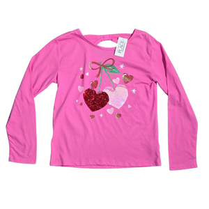 NWT | The Children's Place Pink Sequin Cherry Long Sleeve Top | Keyhole Back | M 7/8