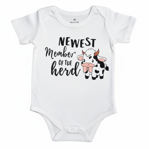 NWOT | "Newest Member of the Herd" Cow Graphic Baby Onesie | White | 9-12 Months