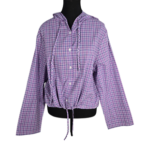 NWT | OLRAIN Purple Plaid Hooded Button-Down Shirt | Drawstring | S