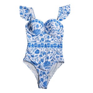 NWOT | Blue & White Floral Paisley Ruffle One-Piece Swimsuit | Small
