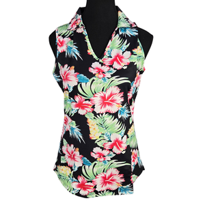 NWT | Soneven Black Tropical Hibiscus Sleeveless Polo | Activewear | Small