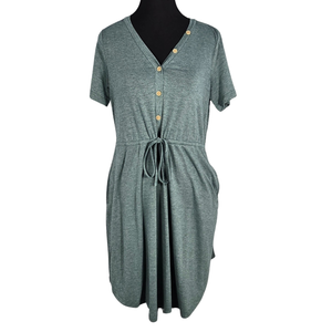 NWT | Dokotoo Sage Green Button Detail V-Neck Mini Dress | Drawstring Waist | Small