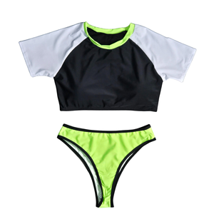 NWOT | Black & Neon Green 2-Piece Swimsuit | Short Sleeve Crop | Medium