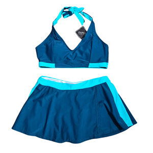 NWT | ZAFUL Teal & Aqua Color-Blocked 2-Piece Swimsuit | Skirted Bottom | 8-10