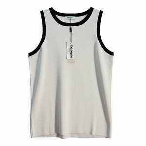 NWT | Zeagoo White & Black Contrast Trim Knit Tank Top | Quiet Luxury | M