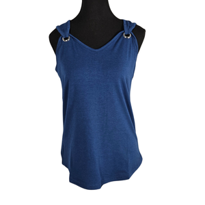 NWT | Denim Blue Grommet V-Neck Knit Tank Top | Quiet Luxury | Small