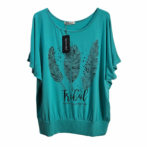 NWT | Van Der Rich Teal Feather "Tribal" Graphic Top | Dolman Sleeve | L