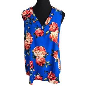 NWOT | Star Vixen Royal Blue & Orange Rose Floral Top | Button V-Neck | L